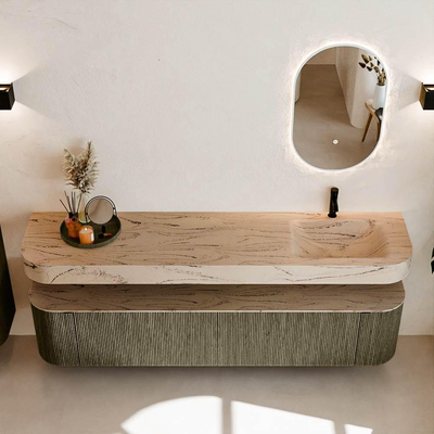 MONDIAZ THOR-DLUX 200cm meuble de salle de bains arrondi gauche + droite couleur Shadow avec 2 tiroirs et 2 portes. Vasque suspendue CLOUD Droite 1 trou de robinet couleur Arena.