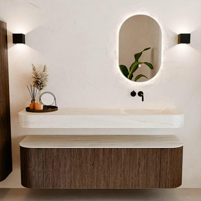 MONDIAZ THOR-DLUX 160cm meuble de salle de bains arrondi gauche + droite couleur Walnut avec 1 tiroir et 2 portes. Vasque suspendue CLOUD Droite sans trou de robinet couleur Meli.