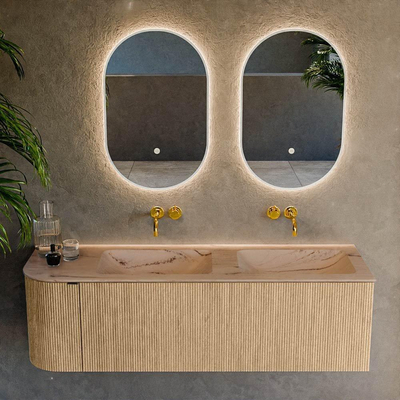 MONDIAZ KURVE-DLUX 145cm badmeubel ronding Links kleur Oak met 1 lade en 1 deur. Wastafel LEAF Dubbel / Rechts zonder kraangat Arena.