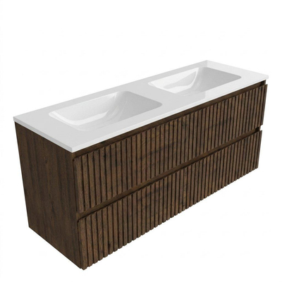 Saniclass Holz Atelier Ensemble de meuble de salle de bains - 140x45x77.5cm - vasque Torino en solid surface blanc - sans trou de robinetterie - 4 tiroirs - chêne charcoal mat (bois)