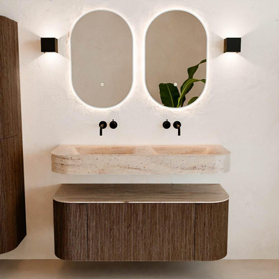 MONDIAZ THOR-DLUX 120cm meuble de salle de bains arrondi gauche + droite couleur Walnut avec 1 tiroir et 2 portes. Vasque suspendue CLOUD Double sans trou de robinet couleur Saba.