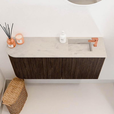 Mondiaz JOYA-DLUX 91.6cm toiletmeubel - ronding links kleur Walnut - Wastafel FAYE positie Rechts 1 kraangat kleur Opalo.