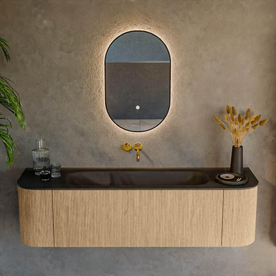 MONDIAZ KURVE 160cm Meuble salle de bain avec module 25 G et D - couleur Oak - 1 tiroir - 2 portes - vasque BIG MEDIUM centre - sans trous de robinet - Urban