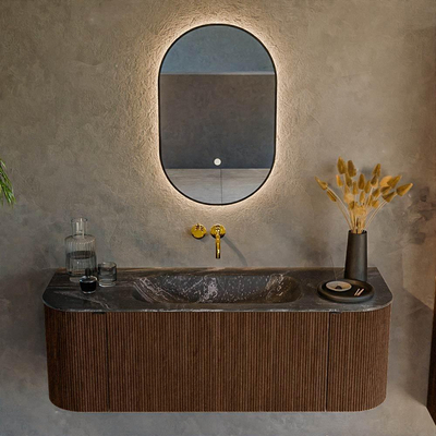 MONDIAZ KURVE-DLUX 130cm badmeubel met module 25 Len R kleur Walnut met 1 lade en 2 deuren. Wastafel BIG SMALL midden zonder kraangat kleur Lava.