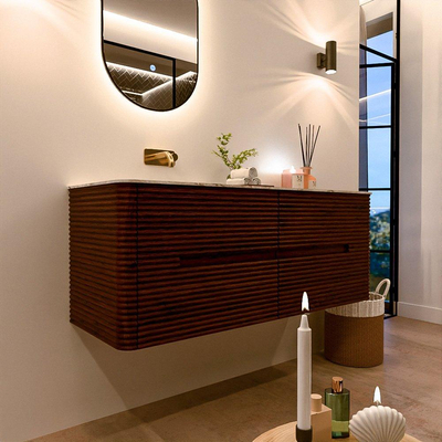 Mondiaz CIRO-DLUX Meuble de salle de bains - 130x45x50cm - lavabo en solid surface Glace - 1 vasque à gauche - sans trous de robinet - 4 tiroirs - Ruby