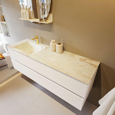 MONDIAZ VICA-DLUX Ensemble meuble de salle de bains - 150cm - meuble bas talc - 2 tiroirs - vasque encastrée cloud à gauche - 1 trou de robinet - version haute 60cm - frape