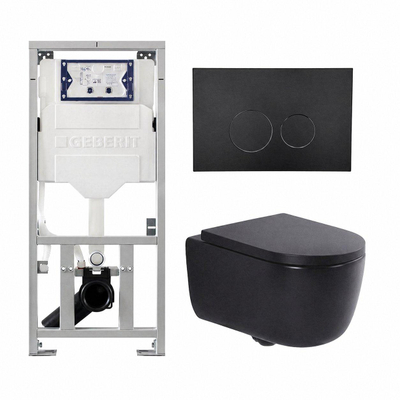 QeramiQ Dely Swirl Ensemble WC- 36.3x51.7cm - Réservoir encastré Geberit UP320 - Abattant de 35mm d'épaisseur - Plaque de commande en métal noir mat - Boutons ronds - Noir mat