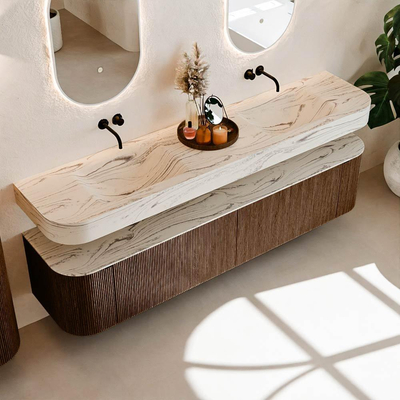 MONDIAZ THOR-DLUX 200cm meuble de salle de bains arrondi gauche + droite couleur Walnut avec 2 tiroirs et 2 portes. Vasque suspendue CLOUD Double sans trou de robinet couleur Nata.