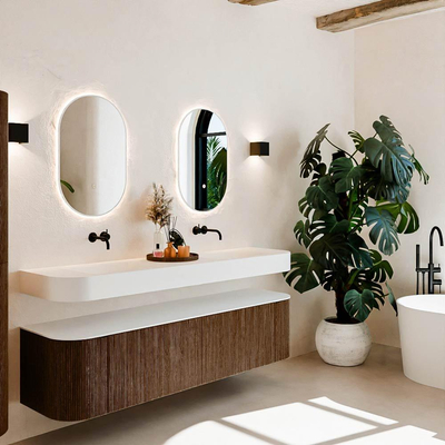 MONDIAZ THOR Meuble de salle de bains 180cm arrondi gauche + droite couleur Walnut avec 2 tiroirs et 2 portes. Vasque suspendue CLOUD Double sans trou de robinet couleur Talc.