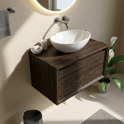 Saniclass Holz Frame Ensemble de meubles de salle de bains - 80x45x42cm - plan de toilette en bois - sans trou de robinetterie - 1 tiroir - chêne charcoal mat (bois)