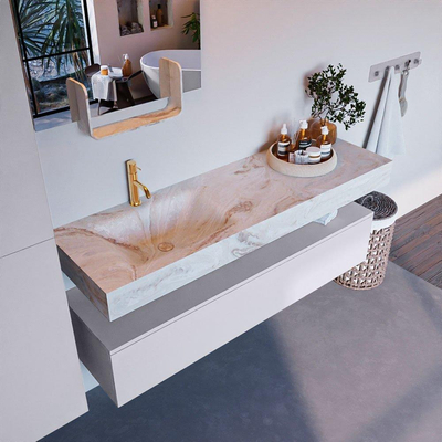 Mondiaz ALAN-DLUX Ensemble de meuble - 150cm - meuble Cale mat - 1 tiroir - Lavabo Cloud Frappe suspendu - vasque Gauche - 1 trou de robinet