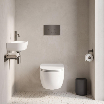 QeramiQ Dely Swirl Toiletset - 36.3x51.7cm - Geberit UP720 Duofix Sigma inbouwreservoir - rimless - diepspoel - slim zitting - bedieningsplaat gunmetal - ronde knoppen - mat wit