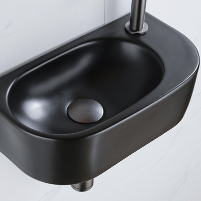 QeramiQ Fuente Fonteinset - 40x21.5x12cm - rechts - glad - halfrond - 1 kraangat - keramiek - fonteinkraan gunmetal - afvoerplug - verlaagd sifon - zwart mat