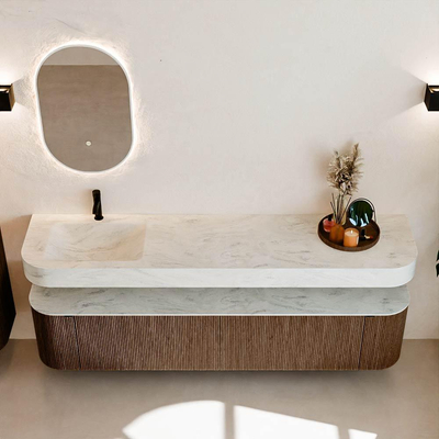 MONDIAZ THOR-DLUX 200cm meuble de salle de bains arrondi gauche + droite couleur Walnut avec 2 tiroirs et 2 portes. Vasque suspendue CLOUD gauche 1 trou de robinet couleur Opalo.