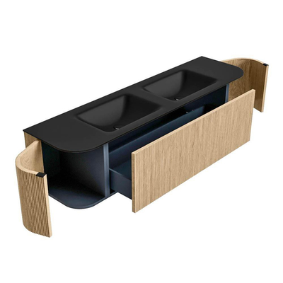 MONDIAZ KURVE 170cm meuble de salle de bains avec module 25 Len R couleur Chêne avec 1 tiroir et 2 portes. Lavabo CLOUD double sans trou de robinet Urban.