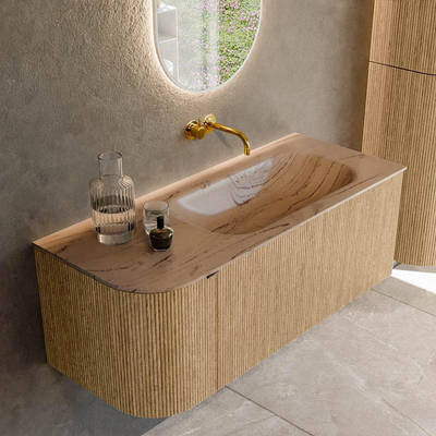 MONDIAZ KURVE-DLUX meuble de salle de bains 115cm arrondi à gauche couleur chêne avec 1 tiroir et 1 porte. Vasque BIG SMALL à droite sans trou de robinetterie Arena.