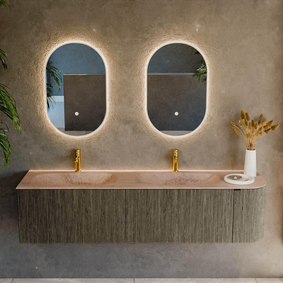 MONDIAZ KURVE-DLUX meuble de salle de bains 175cm arrondi droit couleur Shadow avec 2 tiroirs et 1 porte. Lavabo STOR SMALL double / gauche 2 trous de robinet Saba.