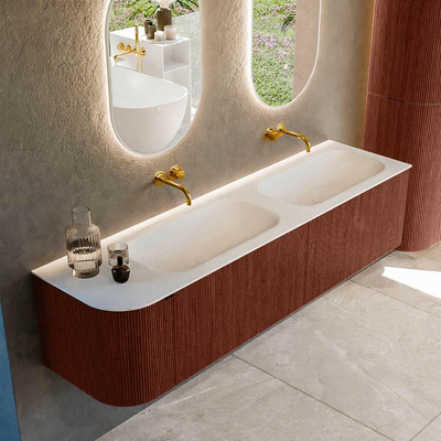 Mondiaz KURVE Ensemble meuble de salle de bains - 175x46x40cm - 2 tiroirs - 1 porte - lavabo solid surface - double / droit - sans trou de robinet - Ruby