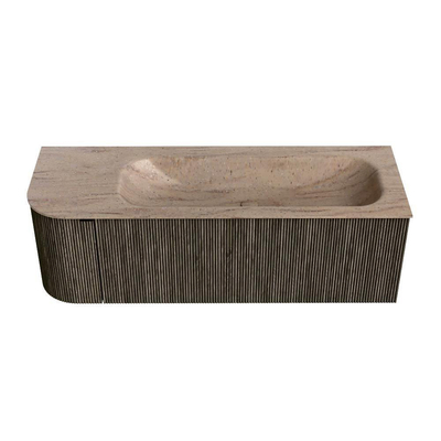 MONDIAZ KURVE-DLUX Meuble de salle de bains 135cm arrondi à gauche couleur Shadow avec 1 tiroir et 1 porte. Vasque BIG MEDIUM à droite 1 trou de robinet Saba.