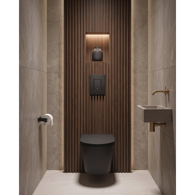 QeramiQ Dely Toiletset - Grohe inbouwreservoir - mat zwarte bedieningsplaat - rechthoek toilet - zitting - matte black (mat zwart)