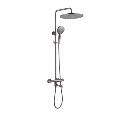 Fortifura Calvi Regendoucheset - thermostatisch - 30cm hoofddouche - metalen slang - ronde handdouche - draaibare baduitloop - Geborsteld Gunmetal PVD