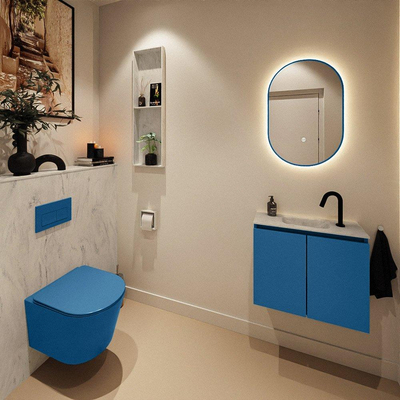 MONDIAZ TURE-DLUX Meuble toilette - 60cm - Jeans - EDEN - vasque Opalo - position centrale - 1 trou de robinet