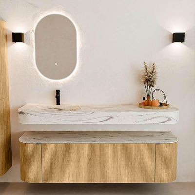 MONDIAZ THOR-DLUX 160cm badmeubel ronding links + rechts kleur Oak met 1 lade en 2 deuren. Vrijhangende wastafel CLOUD Links 1 kraangat kleur Nata.