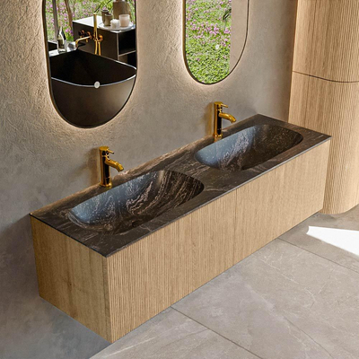 MONDIAZ KURVE-DLUX 150cm Meuble salle de bain - couleur Oak - 2 tiroirs - vasque STOR SMALL double - 2 trous de robinet - couleur Lava