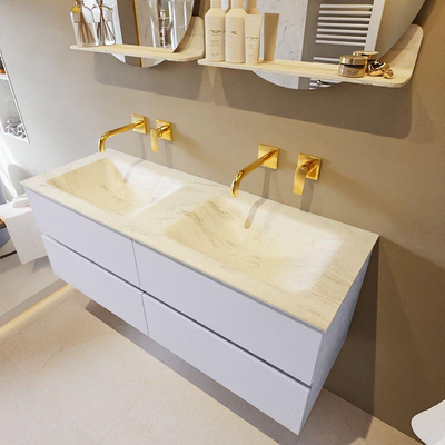 Mondiaz VICA-DLUX ensemble de meuble de salle de bain - 130cm - meuble sous-vasque cale - 4 tiroirs - lavabo encastrée cloud double - sans trous de robinet - version haute de 60cm - opalo