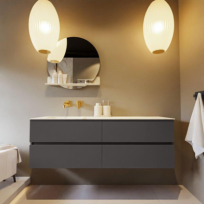 Mondiaz VICA-DLUX ensemble de meuble de salle de bain - 150cm - meuble sous-vasque gris foncé - 4 tiroirs - lavabo encastré cloud gauche - sans trous de robinet - version haute de 60cm - frape