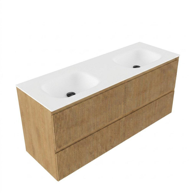 Saniclass Holz Atelier Ensemble meuble de salle de bains - 120x45x61.5cm - Flow lavabo en solid surface blanc - 2 vasques - 2 trous de robinetterie - 2 tiroirs - chêne natural mat (bois)