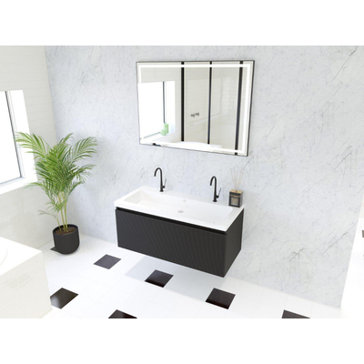 HR badmeubelen Matrix 3D Ensemble meuble de salle de bains 100cm 1 tiroir sans poignée avec profil de préhension en couleur Noir mat avec lavabo djazz 2 trous de robinet blanc