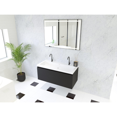 HR Matrix ensemble meuble de salle de bain 3d 100cm 1 tiroir sans poignée avec bandeau couleur noir mat avec vasque djazz 2 trous de robinetterie blanc