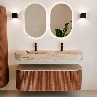 MONDIAZ THOR-DLUX 130cm meuble de salle de bains arrondi gauche + droite couleur Ruby avec 1 tiroir et 2 portes. Vasque suspendue CLOUD Double 2 trous de robinet couleur Arena.