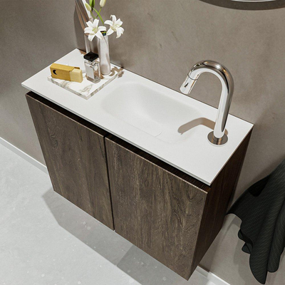 MONDIAZ TURE Fonteinset - 60x23x50cm - 1 kraangat - 2 deuren - dark brown mat - Wasbak rechts - Solid Surface Wit