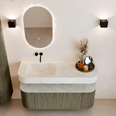 MONDIAZ THOR-DLUX 130cm meuble de salle de bains arrondi gauche + droite couleur Shadow avec 1 tiroir et 2 portes. Vasque suspendue CLOUD Gauche sans trou de robinet couleur Opalo.