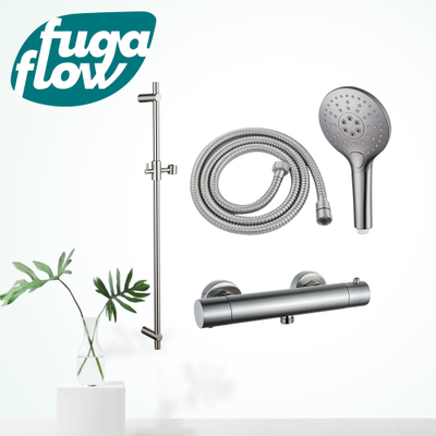 FugaFlow Eccelente Sobrado Ensemble de douche barre curseur avec douchette ronde, flexible en métal et robinet de douche Inox brossé PVD