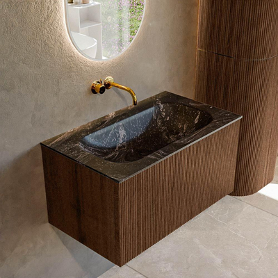 MONDIAZ KURVE-DLUX 80cm badmeubel kleur Walnut met 1 lade. Wastafel BIG SMALL midden zonder kraangat kleur Lava.