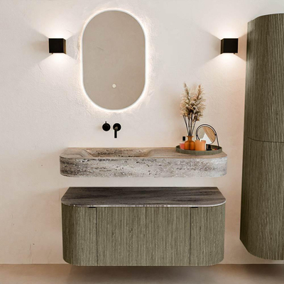 MONDIAZ THOR-DLUX 110cm meuble de salle de bains arrondi gauche + droite couleur Shadow avec 1 tiroir et 2 portes. Vasque suspendue CLOUD Gauche sans trou de robinet couleur Oza.