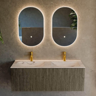 MONDIAZ KURVE-DLUX Meuble de salle de bains 120cm couleur Shadow avec 1 tiroir et 0 porte. Lavabo LEAF Double 2 trous de robinet Nata.