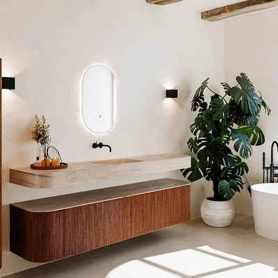 MONDIAZ THOR-DLUX 200cm meuble de salle de bains arrondi gauche + droite couleur Ruby avec 2 tiroirs et 2 portes. Vasque suspendue CLOUD Milieu sans trou de robinet couleur Saba.