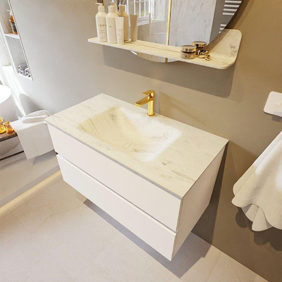 Mondiaz VICA-DLUX ensemble de meuble de salle de bain - 90cm - meuble sous lavabo talc - 2 tiroirs - lavabo encastré cloud milieu - 1 trou de robinet - version haute de 60cm - opalo