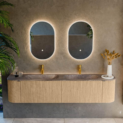 MONDIAZ KURVE-DLUX Meuble de salle de bains 190cm arrondi Gauche + Droite couleur Chêne avec 2 tiroirs et 2 portes. Lavabo STOR SMALL Double 2 trous de robinet Oza.