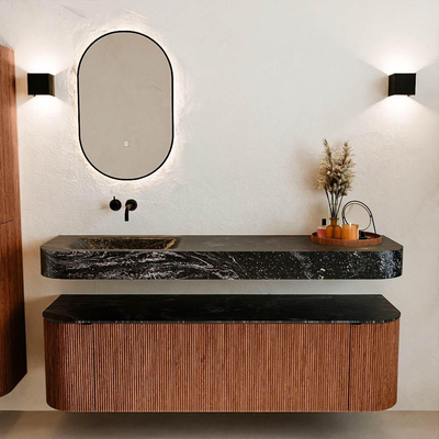 MONDIAZ THOR-DLUX 160cm meuble de salle de bains arrondi gauche + droite couleur Ruby avec 1 tiroir et 2 portes. Vasque suspendue CLOUD Gauche sans trou de robinet couleur Lava.