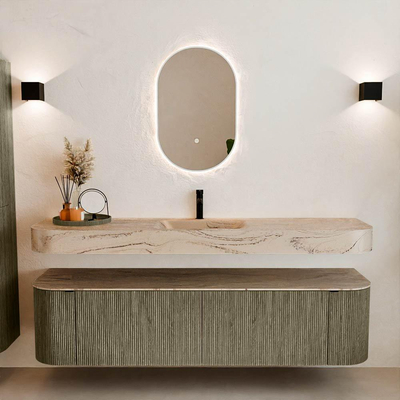 MONDIAZ THOR-DLUX 180cm meuble de salle de bains arrondi gauche + droite couleur Shadow avec 2 tiroirs et 2 portes. Vasque suspendue CLOUD Milieu 1 trou de robinet couleur Arena.