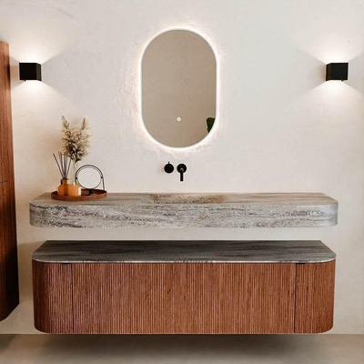MONDIAZ THOR-DLUX 170cm badmeubel ronding links + rechts kleur Ruby met 1 lade en 2 deuren. Vrijhangende wastafel CLOUD Midden zonder kraangat kleur Oza.