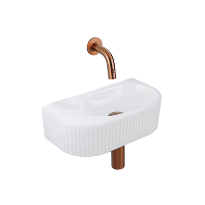 QeramiQ Fuente Ensemble de Lavabo - 40x21.5x12cm - strié - demi-rond - céramique - ensemble de robinet en cuivre brossé - bouchon de vidange - siphon réduit - blanc brillant