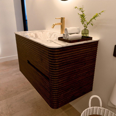 Mondiaz CIRO-DLUX Badkamermeubelset - 90x45x50cm - Solid surface wastafel Glace - 1 wasbak Midden - 1 kraangat - 2 lades - Walnut