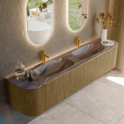 MONDIAZ KURVE-DLUX meuble de salle de bains 200cm arrondi gauche + droite couleur Dusk avec 2 tiroirs et 2 portes. Lavabo STOR SMALL double 2 trous de robinet Sombra.