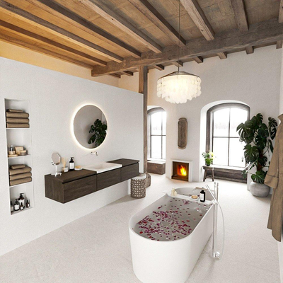 MONDIAZ BUKLA Meuble de salle de bains 180 cm avec module 60 couleur Dark Brown avec 3 tiroirs. Lavabo CLOUD central 0 trou de robinet couleur Talc.